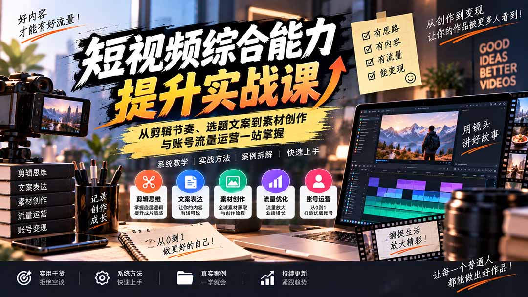 短视频综合能力提升实战课：从剪辑节奏、选题文案到素材创作与账号流量运营一站掌握-weichuangqy