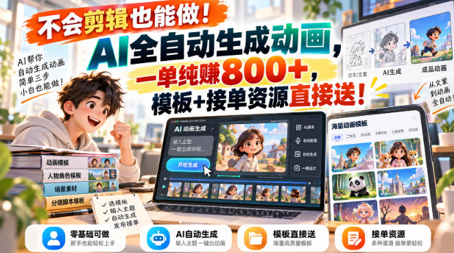 不会剪辑也能做！AI全自动生成动画，一单纯賺800+，模板+接单资源直接送！【揭秘】-weichuangqy
