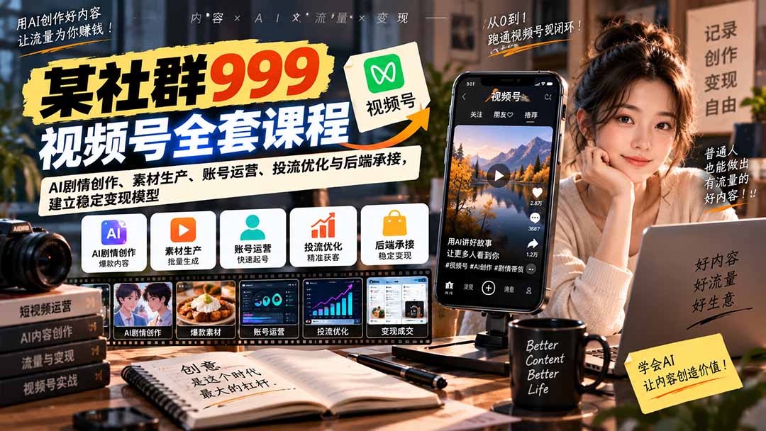 【无水印】某社群999视频号全套课程：AI剧情创作、素材生产、账号运营、投流优化与后端承接，建立稳定变现模型-weichuangqy
