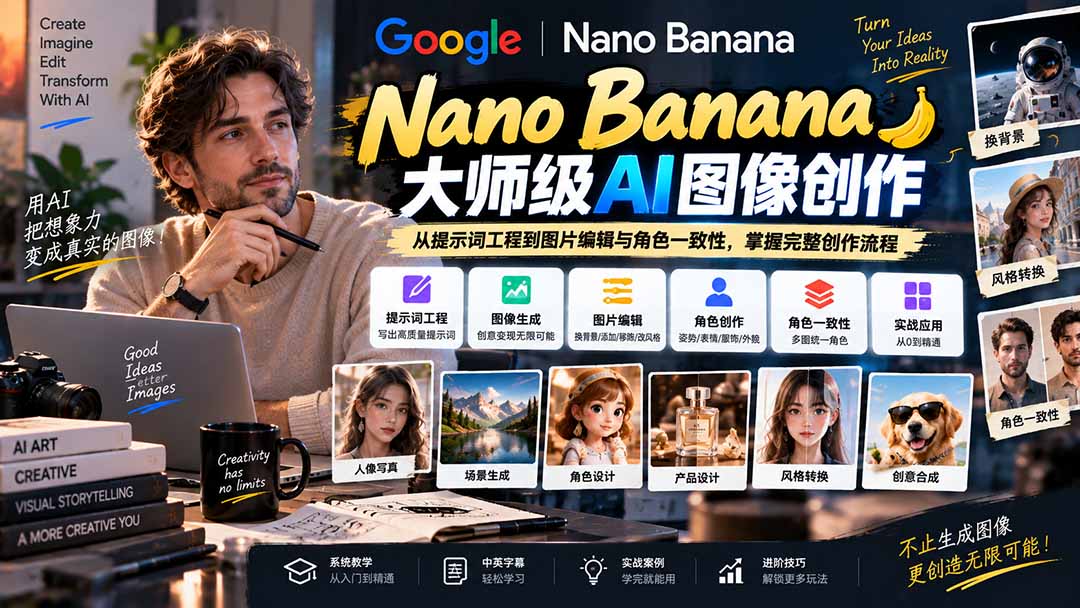 【无水印】Nano Banana大师级AI图像实战课：从提示词工程到图片编辑与角色一致性，掌握完整创作流程-weichuangqy