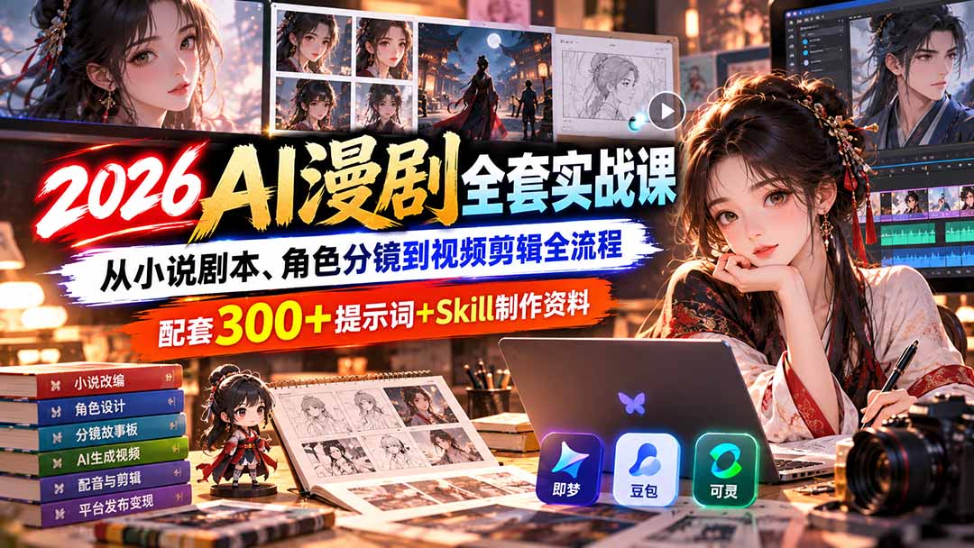 【无水印】2026AI漫剧全套实战课：从小说剧本、角色分镜到视频剪辑全流程，配套300+提示词+Skill制作资料-weichuangqy