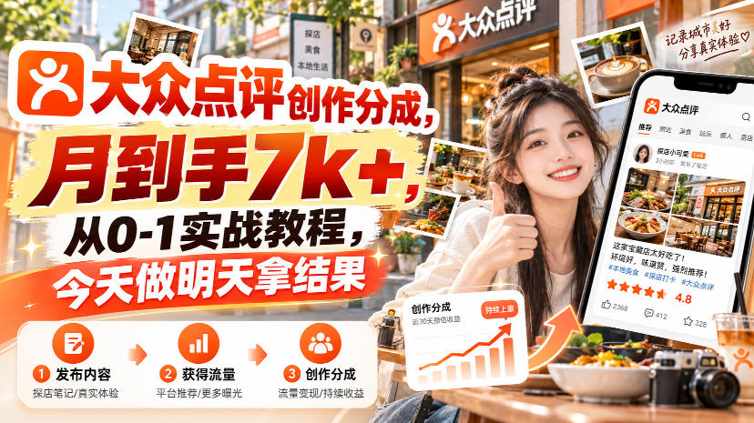 大众点评创作分成，月到手7k+，从0-1实战教程，今天做明天拿结果-weichuangqy