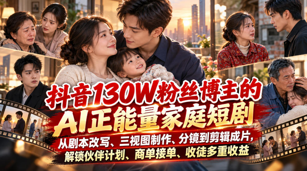 抖音130W粉丝博主的AI正能量家庭短剧，从剧本改写、三视图制作、分镜到剪辑成片，解锁伙伴计划、商单接单、收徒多重收益-weichuangqy