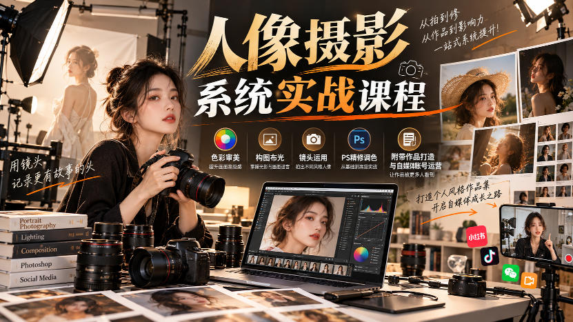 【无水印】人像摄影系统实战课程，色彩审美、构图布光、镜头运用、PS精修调色，附带作品打造与自媒体账号运营-weichuangqy