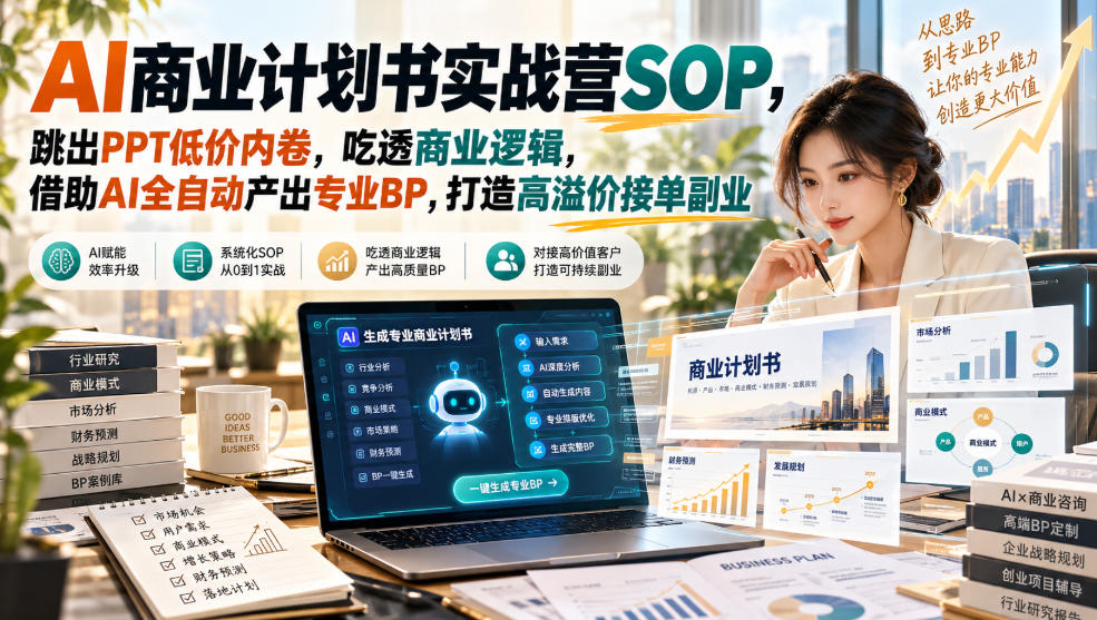 AI商业计划书实战营SOP，跳出PPT低价内卷，吃透商业逻辑，借助AI全自动产出专业BP，打造高溢价接单副业-weichuangqy