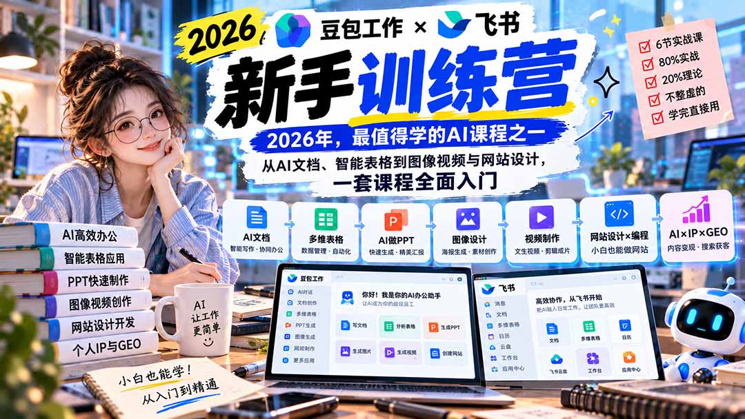 2026豆包工作+飞书新手训练营-9月新课：从AI文档、智能表格到图像视频与网站设计，一套课程全面入门-weichuangqy