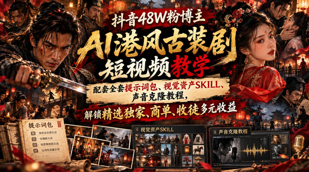 抖音48W粉博主AI港风古装剧短视频教学，配套全套提示词包、视觉资产SKILL、声音克隆教程，解锁精选独家、商单、收徒多元收益-weichuangqy