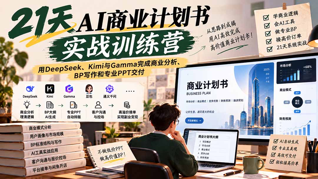 【无水印】21天AI商业计划书实战训练营：用DeepSeek、Kimi与Gamma完成商业分析、BP写作和专业PPT交付-weichuangqy