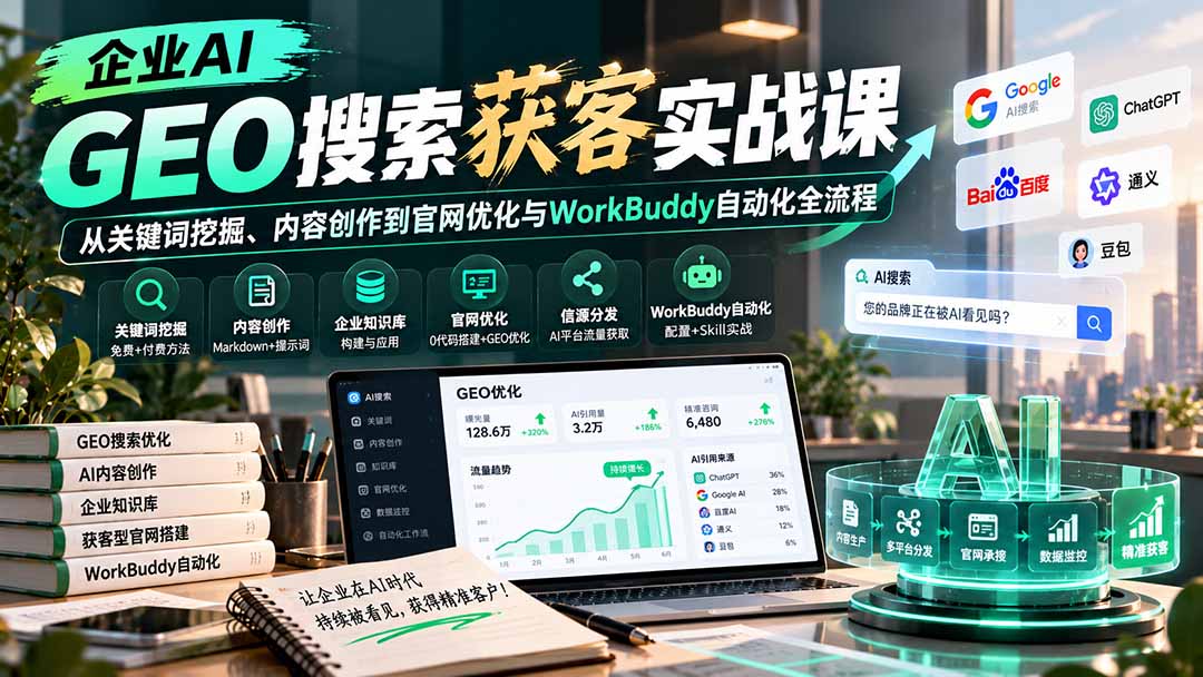 企业AI GEO搜索获客实战课：从关键词挖掘、内容创作到官网优化与WorkBuddy自动化全流程-weichuangqy