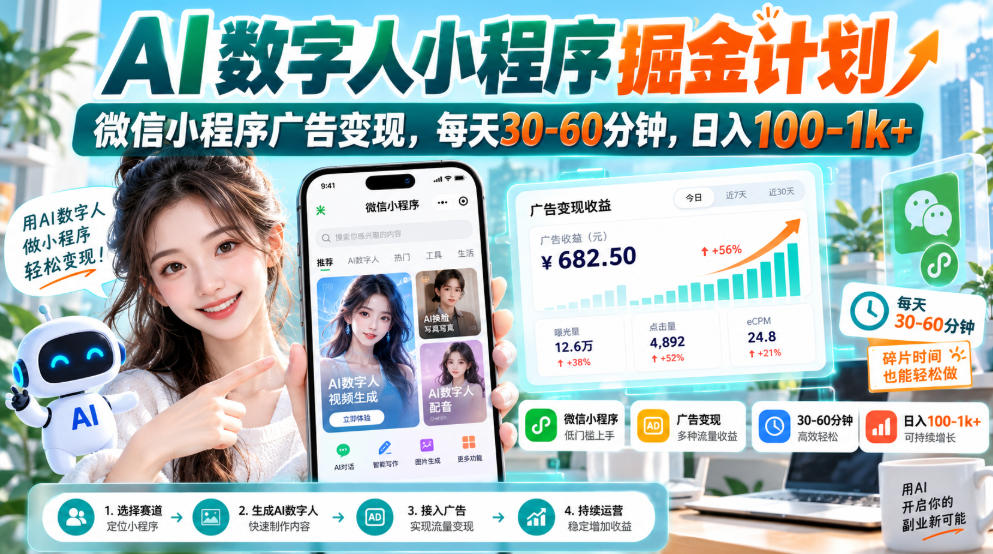 【无水印】AI数字人小程序掘金计划，微信小程序广告变现，每天30‑60分钟，日入100‑1k+-weichuangqy