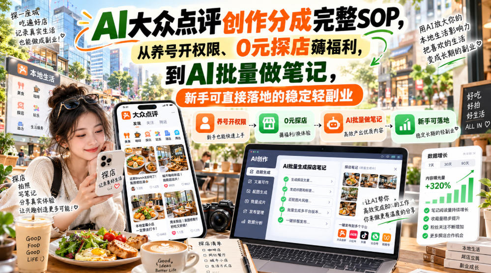 【无水印】AI大众点评创作分成完整SOP，从养号开权限、0元探店薅福利，到AI批量做笔记，新手可直接落地的稳定轻副业-weichuangqy