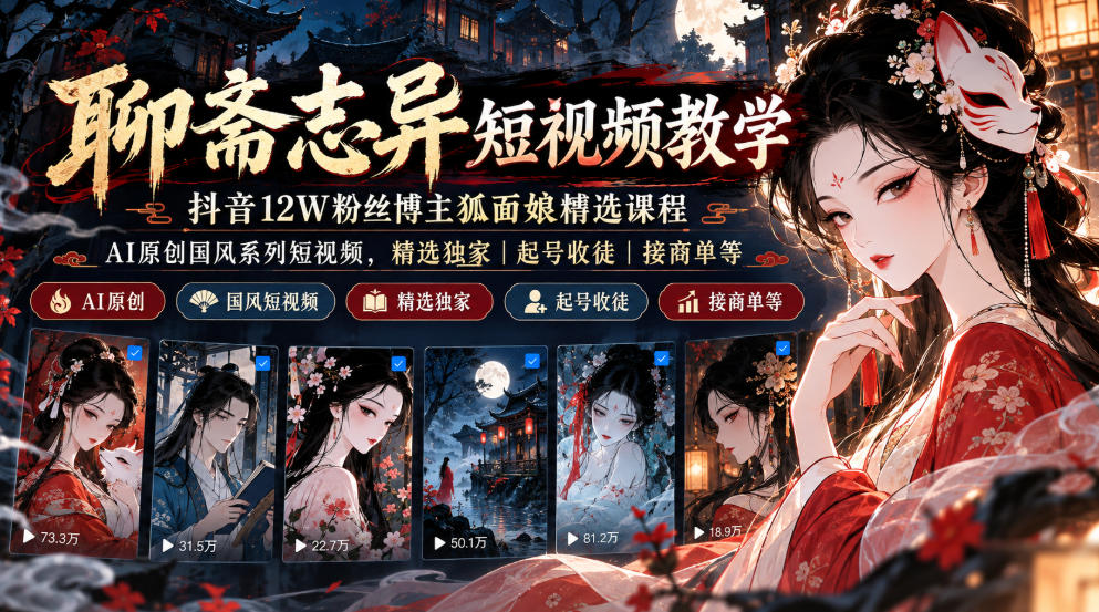 聊斋志异短视频教学，抖音12W粉丝博主狐面娘精选课程，AI原创国风系列短视频，精选独家丨起号收徒丨接商单等-weichuangqy