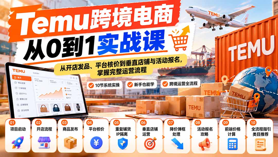 【无水印】Temu跨境电商从0到1实战课：从开店发品、平台核价到垂直店铺与活动报名，掌握完整运营流程-weichuangqy