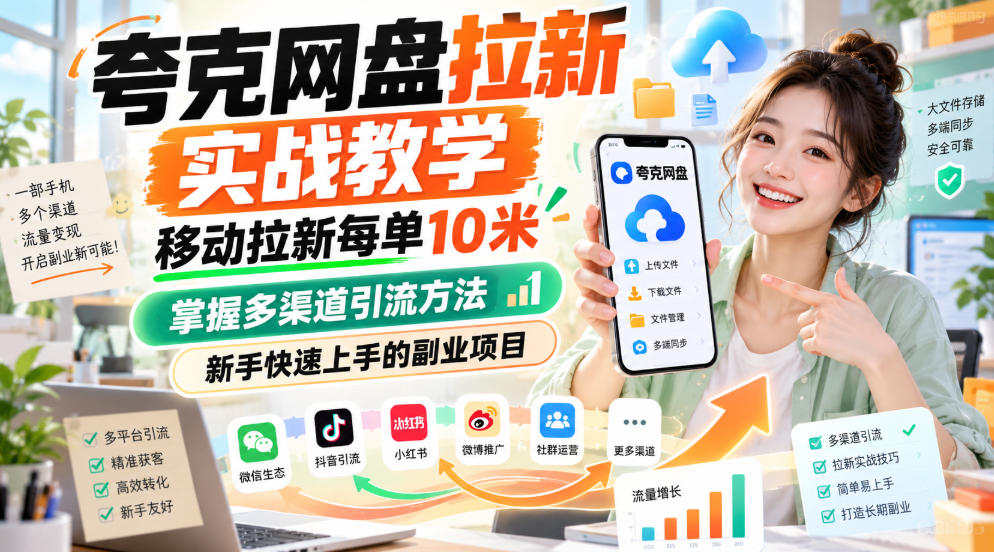 夸克网盘拉新实战教学，移动拉新每单10米，掌握多渠道引流方法，新手快速上手的副业项目-weichuangqy