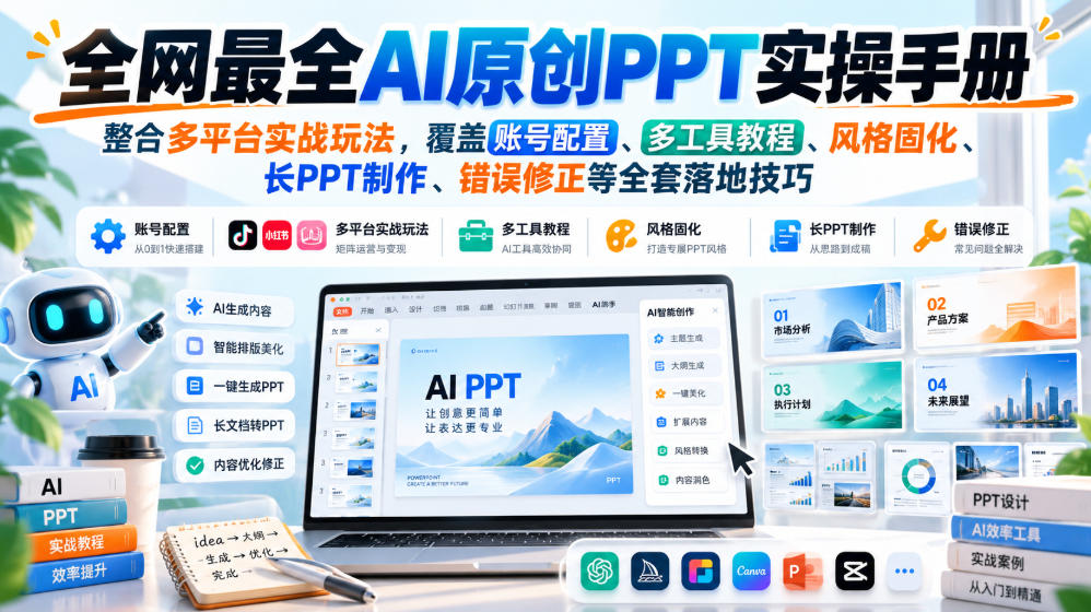 全网最全AI原创PPT实操手册，整合多平台实战玩法，覆盖账号配置、多工具教程、风格固化、长PPT制作、错误修正等全套落地技巧-weichuangqy