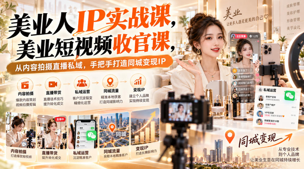 【无水印】美业人IP实战课，美业短视频收官课，从内容拍摄直播私域，手把手打造同城变现IP-weichuangqy