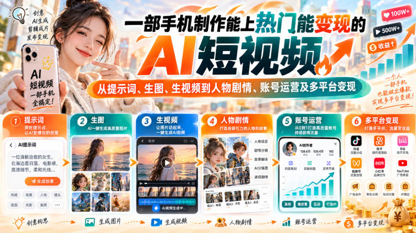 【无水印】一部手机制作能上热门能变现的AI短视频，从提示词、生图、生视频到人物剧情、账号运营及多平台变现-weichuangqy