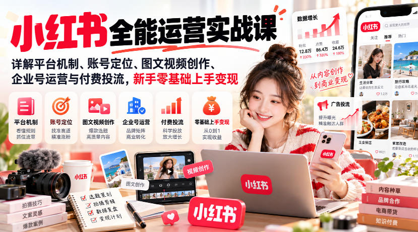 小红书全能运营实战课，详解平台机制、账号定位、图文视频创作、企业号运营与付费投流，新手零基础上手变现-weichuangqy