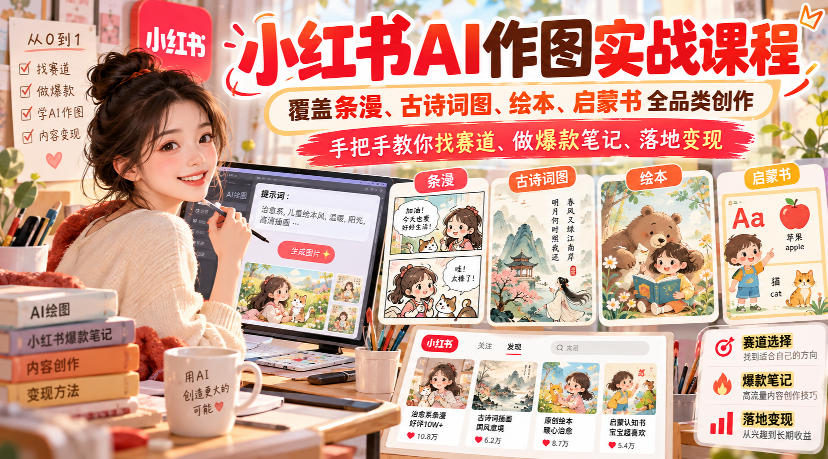 小红书AI作图实战课程，覆盖条漫、古诗词图、绘本、启蒙书全品类创作，手把手教你找赛道、做爆款笔记、落地变现-weichuangqy