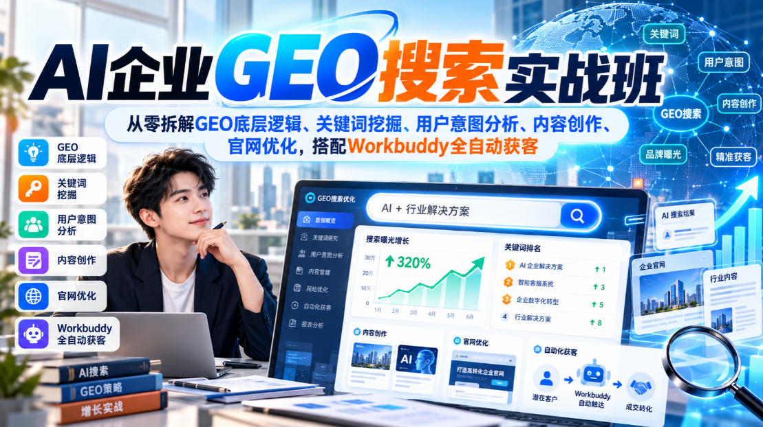 AI企业GEO搜索实战班，从零拆解GEO底层逻辑、关键词挖掘、用户意图分析、内容创作、官网优化，搭配Workbuddy全自动获客-weichuangqy
