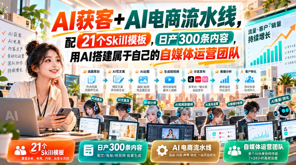 AI获客+AI电商流水线，配21个Skill模板，日产300条内容，用AI搭建属于自己的自媒体运营团队-weichuangqy
