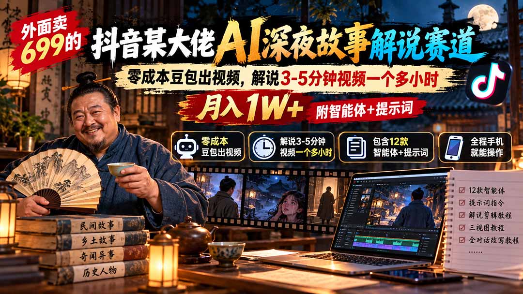 外面卖699的抖音某大佬AI深夜故事解说赛道：零成本豆包出视频，解说3-5分钟视频一个多小时，月入1W+附智能体+提示词-weichuangqy