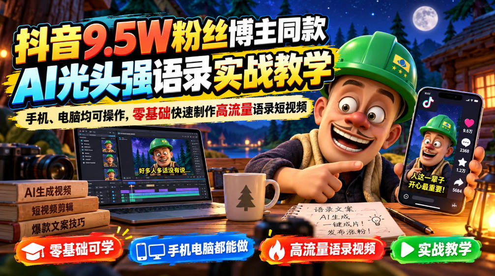 抖音9.5W粉丝博主同款AI光头强语录实战教学，手机、电脑均可操作，零基础快速制作高流量语录短视频-weichuangqy