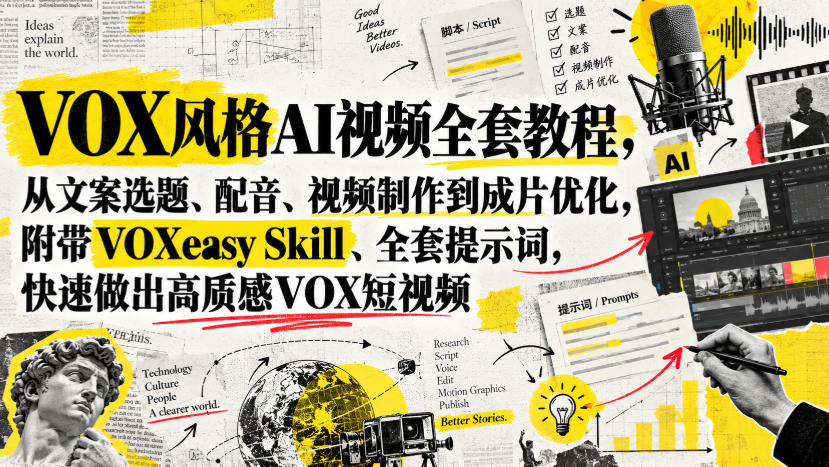 VOX风格AI视频全套教程，从文案选题、配音、视频制作到成片优化，附带VOXeasy Skill、全套提示词，快速做出高质感VOX短视频-weichuangqy