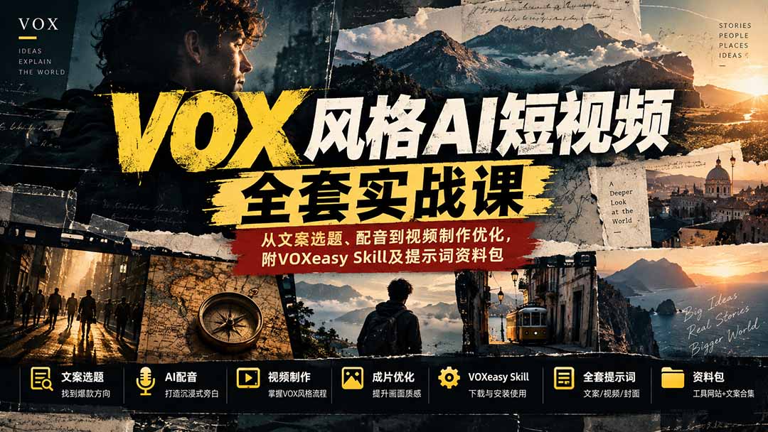 【无水印】VOX风格AI短视频全套实战课：从文案选题、配音到视频制作优化，附VOXeasy Skill及提示词资料包-weichuangqy