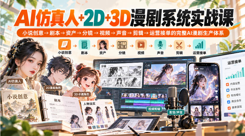 【无水印】AI仿真人+2D+3D漫剧系统实战课，小说创意→剧本→资产→分镜→视频→声音→剪辑→运营接单的完整AI漫剧生产体系-weichuangqy