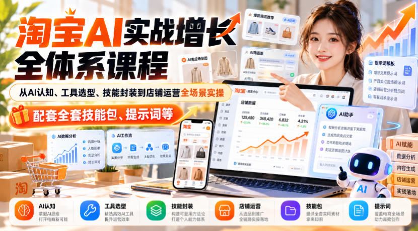 淘宝AI实战增长全体系课程，从AI认知、工具选型、技能封装到店铺运营全场景实操，配套全套技能包、提示词等-weichuangqy