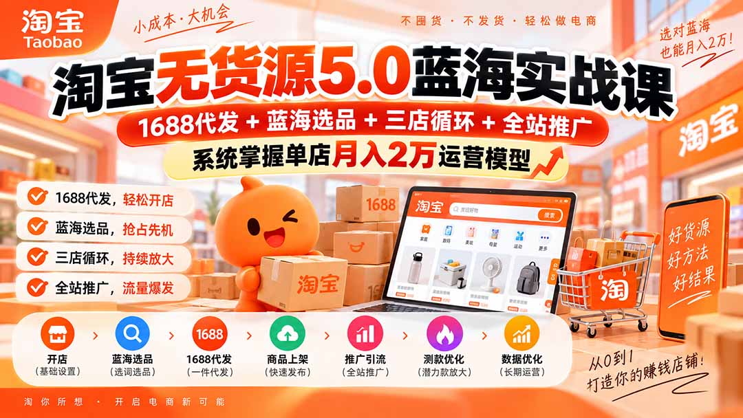 淘宝无货源5.0蓝海实战课-更新0927：1688代发+蓝海选品+三店循环+全站推广，系统掌握单店月入2万运营模型-weichuangqy