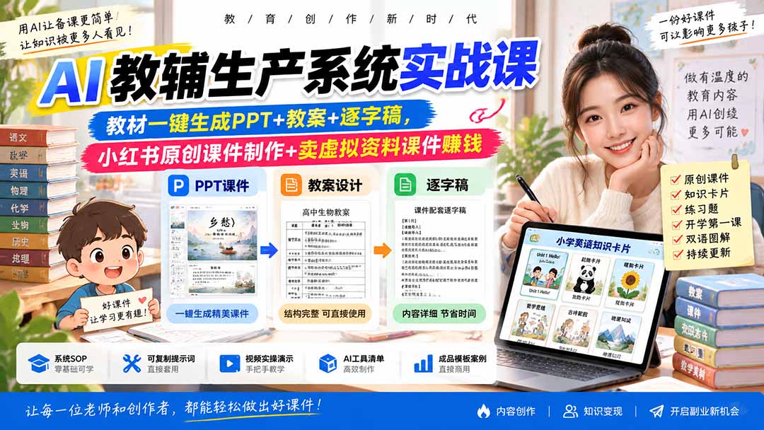 AI教辅生产系统实战课-更新0926｜教材一键生成PPT+教案+逐字稿，小红书原创课件制作+卖虚拟资料课件赚钱-weichuangqy