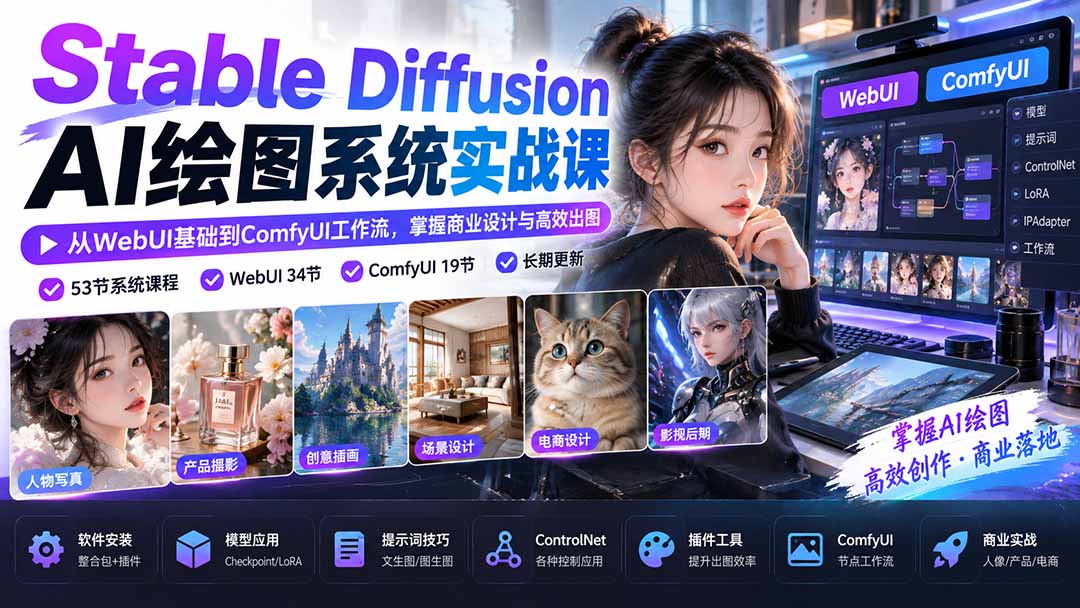 【无水印】Stable Diffusion AI绘图系统实战课：从WebUI基础到ComfyUI工作流，掌握商业设计与高效出图-weichuangqy