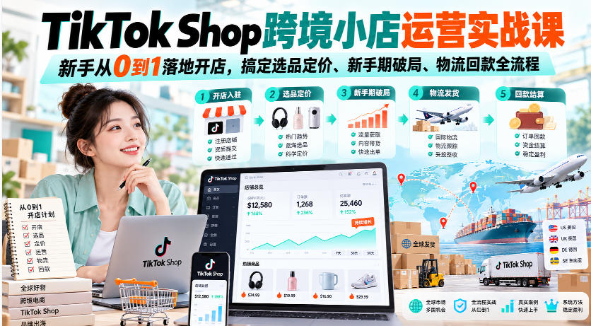 TikTok Shop跨境小店运营实战课，新手从0到1落地开店，搞定选品定价、新手期破局、物流回款全流程-weichuangqy