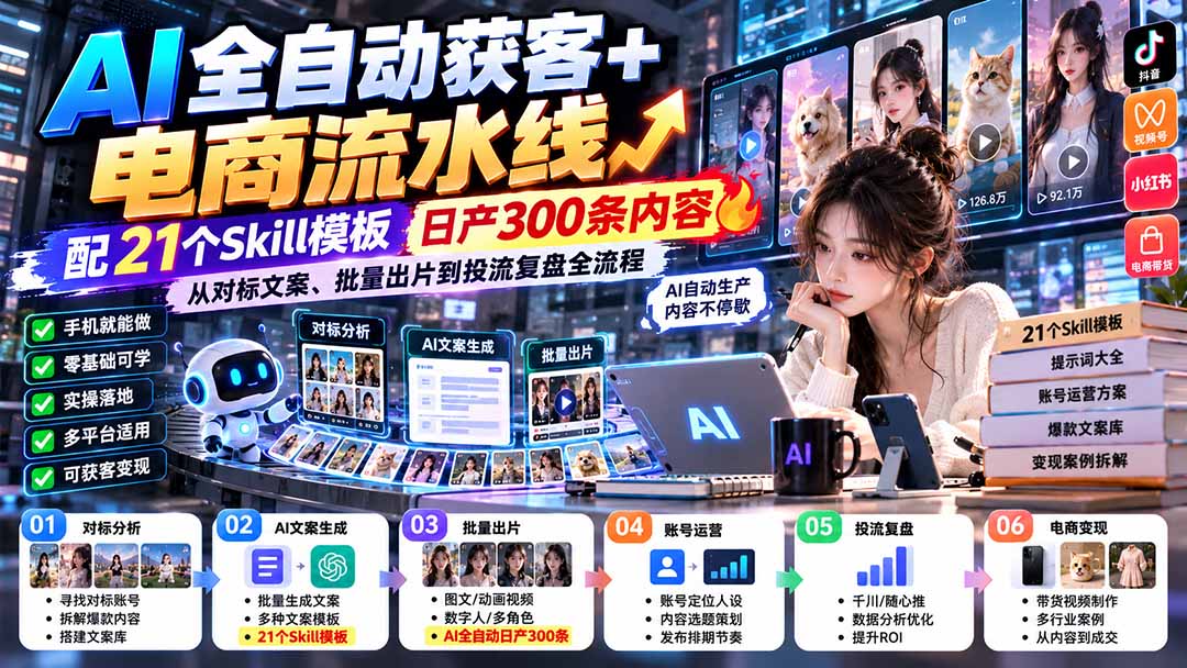 【无水印】AI全自动获客+电商流水线：配21个Skill模板，日产300条内容，从对标文案、批量出片到投流复盘全流程-weichuangqy