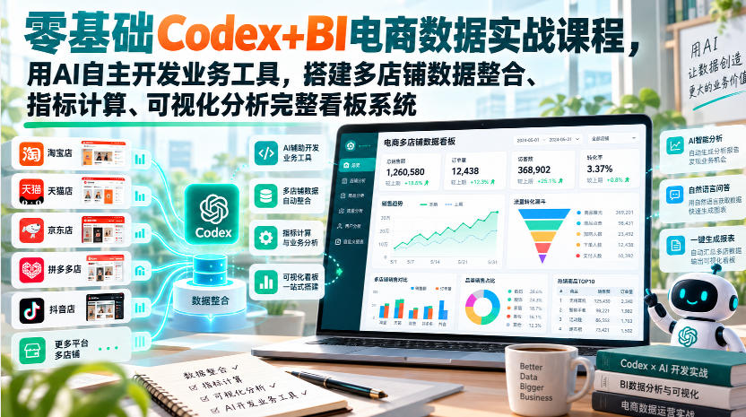 零基础Codex+BI电商数据实战课程，用AI自主开发业务工具，搭建多店铺数据整合、指标计算、可视化分析完整看板系统-weichuangqy