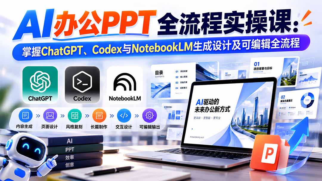 【无水印】AI办公PPT全流程实操课： 掌握ChatGPT、Codex与NotebookLM生成设计及可编辑全流程-weichuangqy