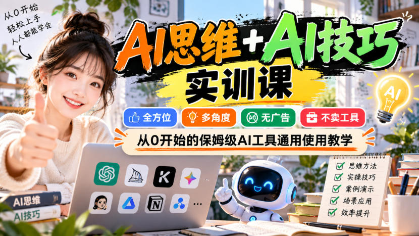 【无水印】AI思维+AI技巧实训课，全方位、多角度、无广告、不卖工具，从0开始的保姆级AI工具通用使用教学-weichuangqy