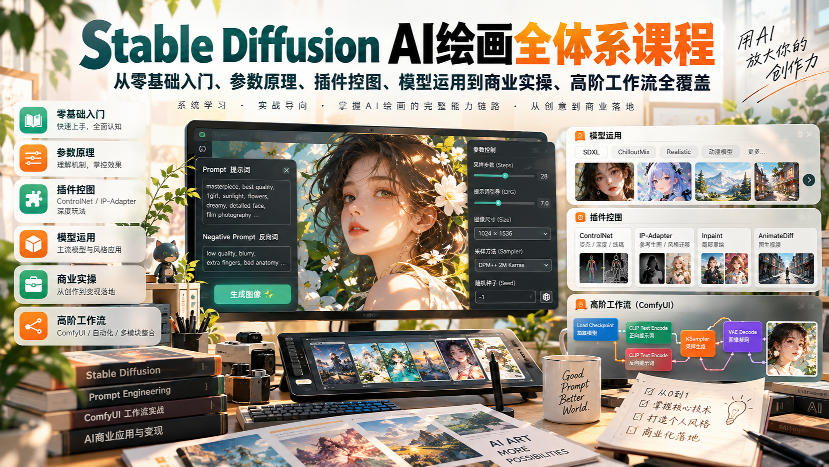 【无水印】Stable Diffusion AI绘画全体系课程，从零基础入门、参数原理、插件控图、模型运用到商业实操、高阶工作流全覆盖-weichuangqy