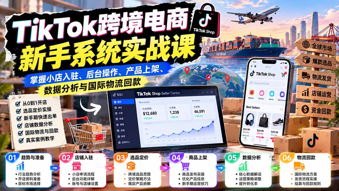 TikTok跨境电商新手系统实战课：掌握小店入驻、后台操作、产品上架、数据分析与国际物流回款-weichuangqy