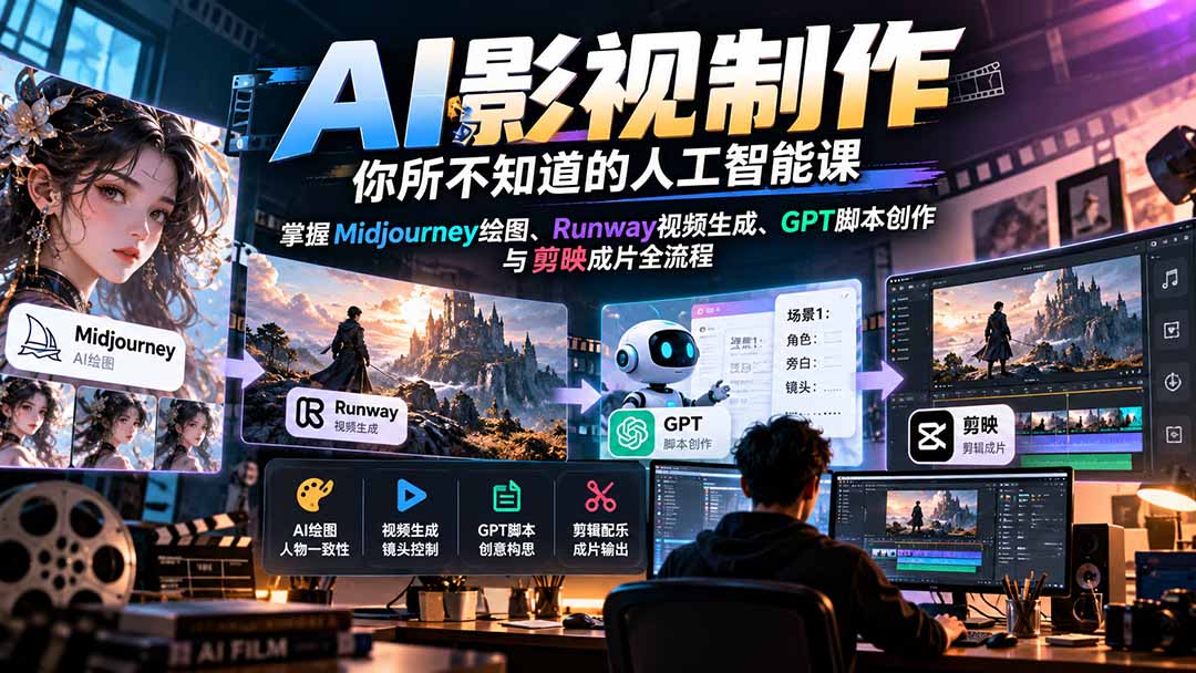 【无水印】AI影视制作-你所不知道的人工智能课，掌握Midjourney绘图、Runway视频生成、GPT脚本创作与剪映成片全流程-weichuangqy