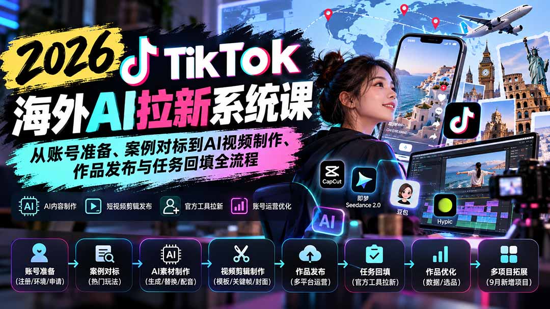 【无水印】2026 TikTok海外AI拉新系统课：从账号准备、案例对标到AI视频制作、作品发布与任务回填全流程-weichuangqy