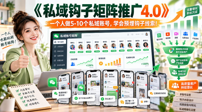 【无水印】《私域钩子矩阵推广4.0》一个人做5-10个私域账号，学会预埋钩子线索！-weichuangqy