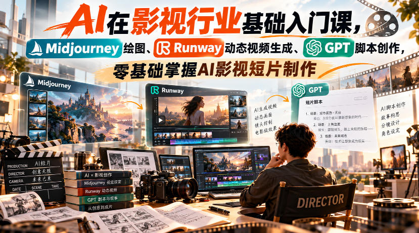 【无水印】AI在影视行业基础入门课，Midjourney绘图、Runway动态视频生成、GPT脚本创作，零基础掌握AI影视短片制作-weichuangqy