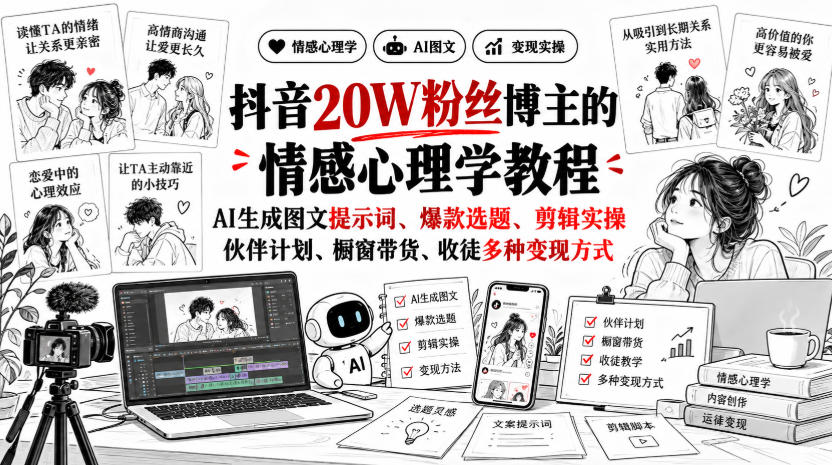 抖音20W粉丝博主静候心声的情感心理学教程，AI生成图文提示词、爆款选题、剪辑实操，伙伴计划、橱窗带货、收徒多种变现方式-weichuangqy