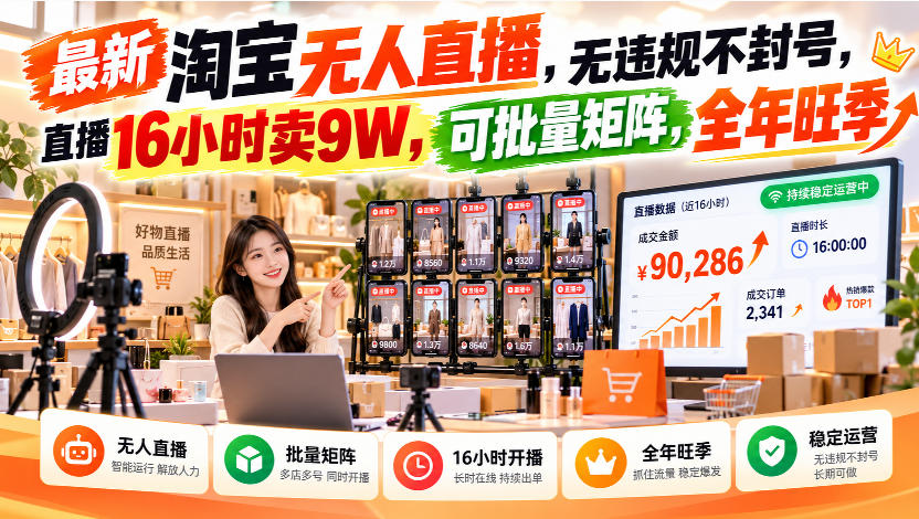 最新淘宝无人直播，无违规不封号，直播16小时卖9W，可批量矩阵，全年旺季【揭秘】-weichuangqy