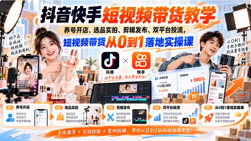 抖音快手短视频带货教学｜养号开店、选品实拍、剪辑发布、双平台投流，短视频带货从0到1落地实操课-weichuangqy