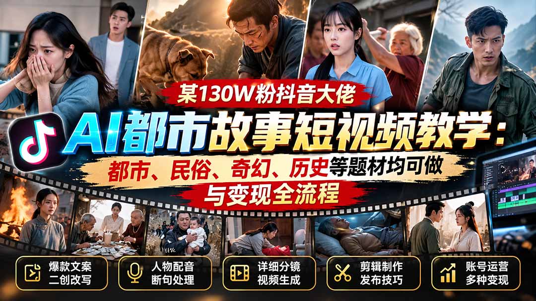 某130W粉抖音大佬AI都市故事短视频教学：都市、民俗、奇幻、历史等题材均可做与变现全流程-weichuangqy