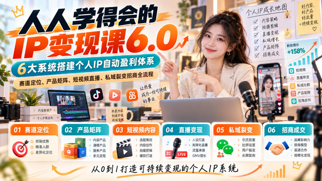 人人学得会的IP变现课6.0，6大系统搭建个人IP自动盈利体系，赛道定位、产品矩阵、短视频直播、私域裂变招商全流程-weichuangqy